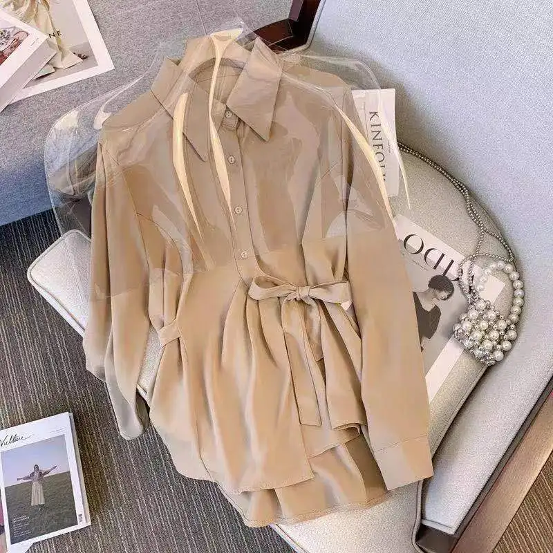 Fashion Korean Turn-down Collar Lace Up Button Shirt 2022 Autumn Women\'s Clothing All-match Solid Color Long Sleeve Loose Blouse