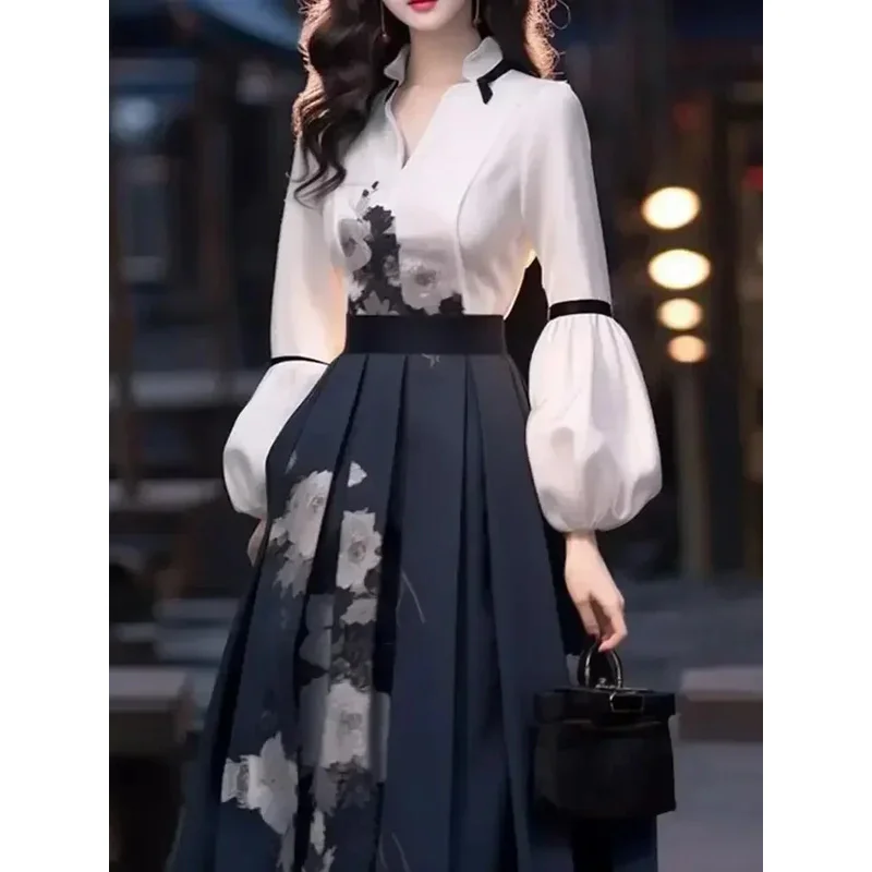 

Women's Skirt Set Long Sleeved Blouse Top Autumn Spring High End Chinese Elegant Temperament Goddess Show Thin Print Skirt Set
