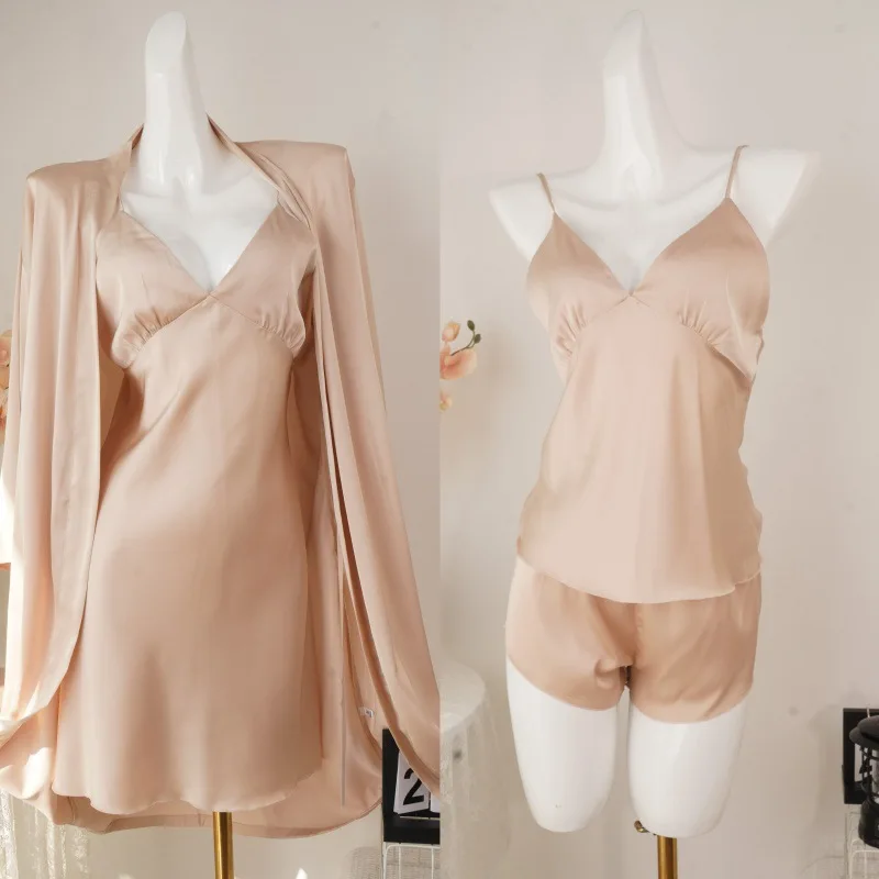 Ice Silk Pajamas Set Women 4PCS Bride Wedding Robe Nightgown Sexy Solid Color Satin Sleepwear Kimono Bathrobe Gown