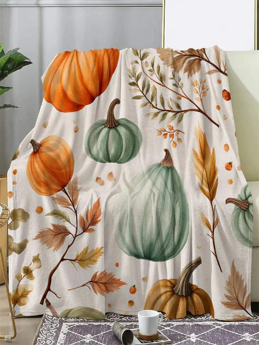 pc Sdoo Flannel Blanket  Soft Warm Autumn Pumpkin Throw with Orange Green Brown Beige and White Fall Colors  Cozy Couch Bed or S