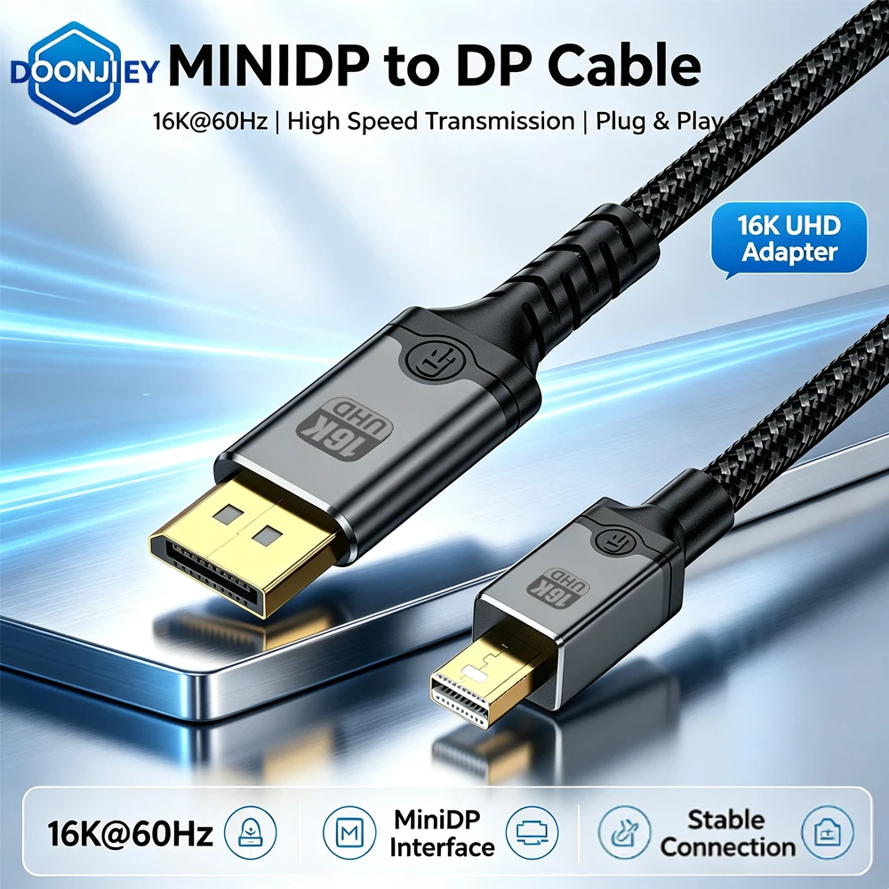 DOONJIEY 16K Mini DisplayPort to DisplayPort 2.1 Cable 8K120Hz 4K240Hz 80Gbps Bi-Directional DP to Mini DP for Gaming Laptop