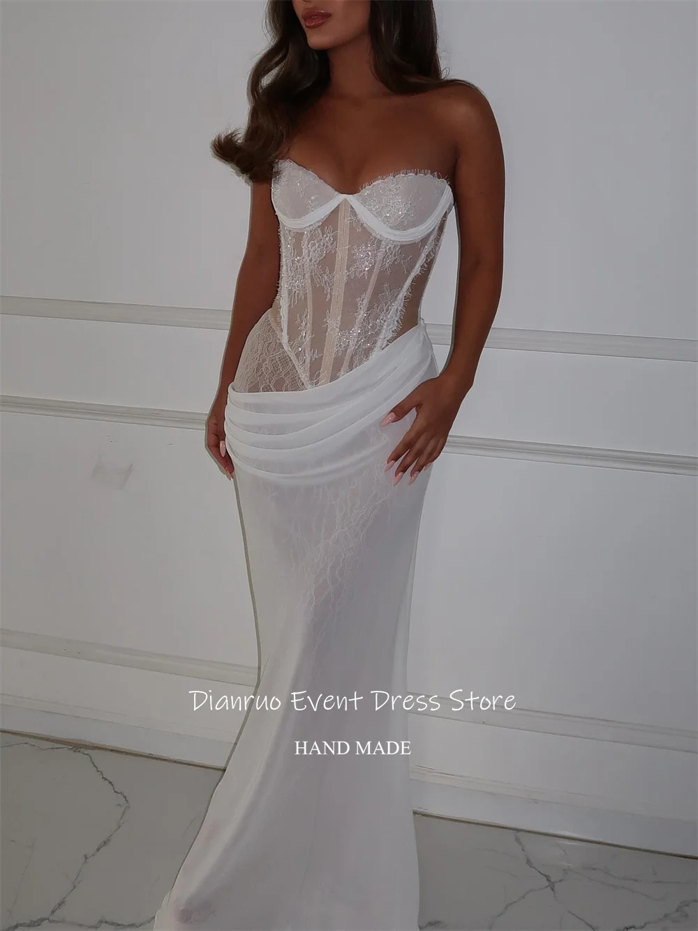 Dianruo イリュージョン恋人のウェディングドレスレースマーメイドウエディングドレスノースリーブアップリケ Vestidos デノビアボダシビルカスタマイズ