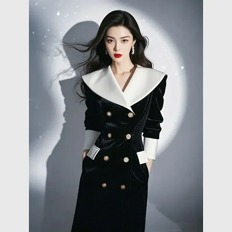 Autumn French Style Formal Occasion Temperament Hepburn Style Long Dresses for Women Suit Collor Slimming Black Velvet Dress