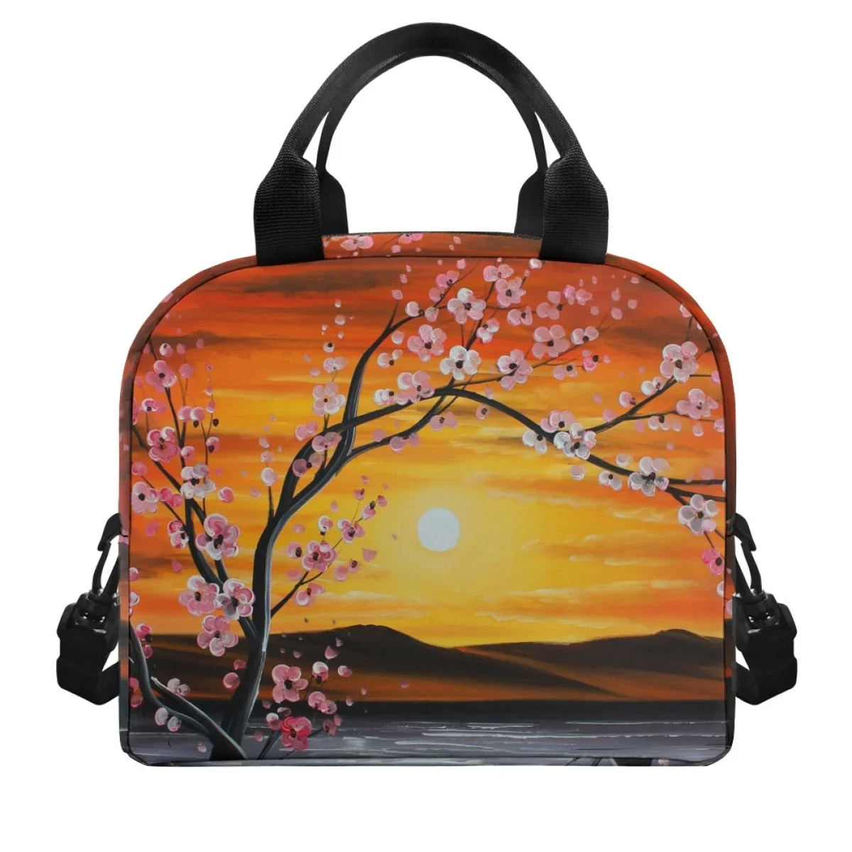 Sakura Sunset Oil Painting Design Thermal Lunch Box for Food Lightweight Multi Pocket Women's Nsulation Thermal Pack