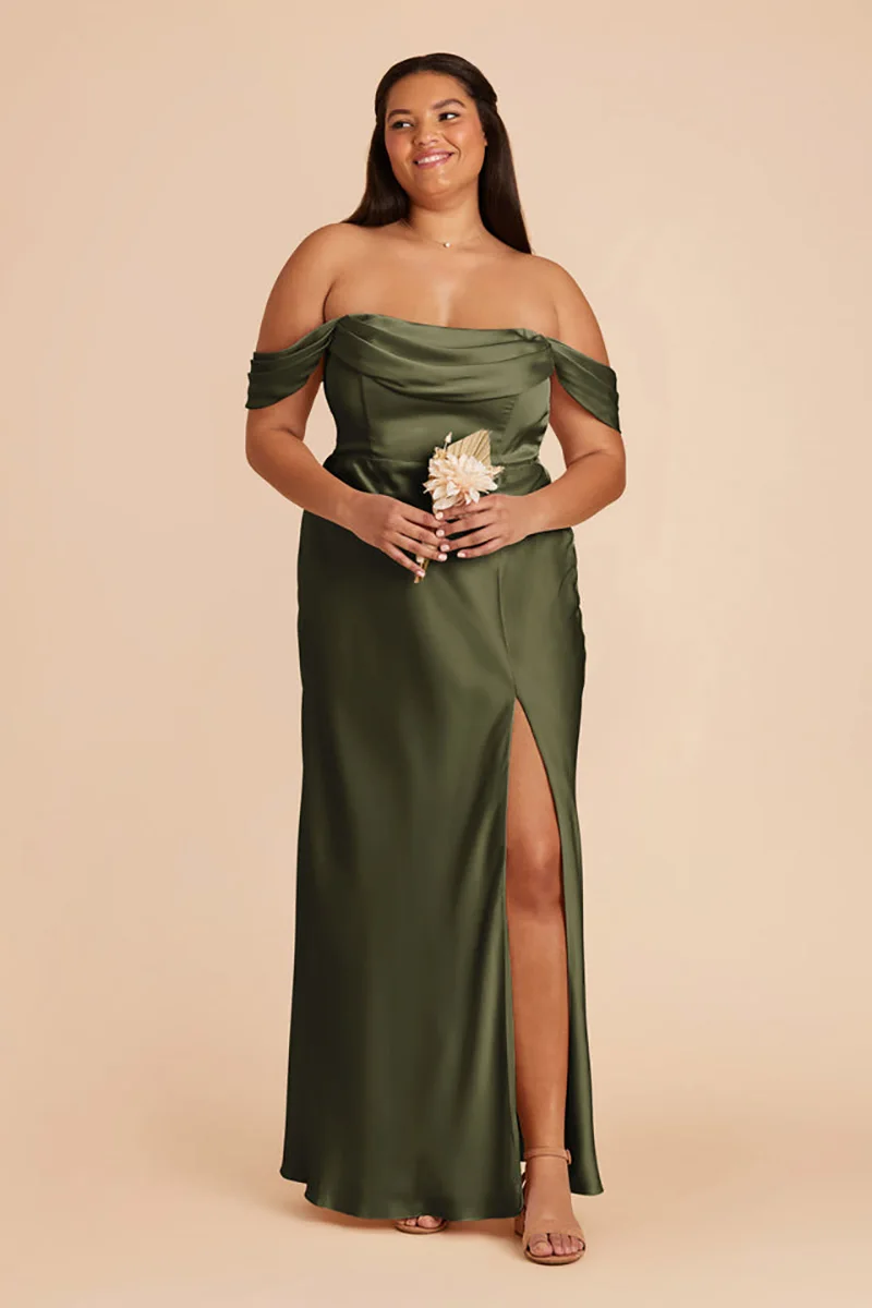 QueensLove Bridesmaid Dress Army Green Evening Dress Off the Shoulder High Split Satin Backless Party Dress