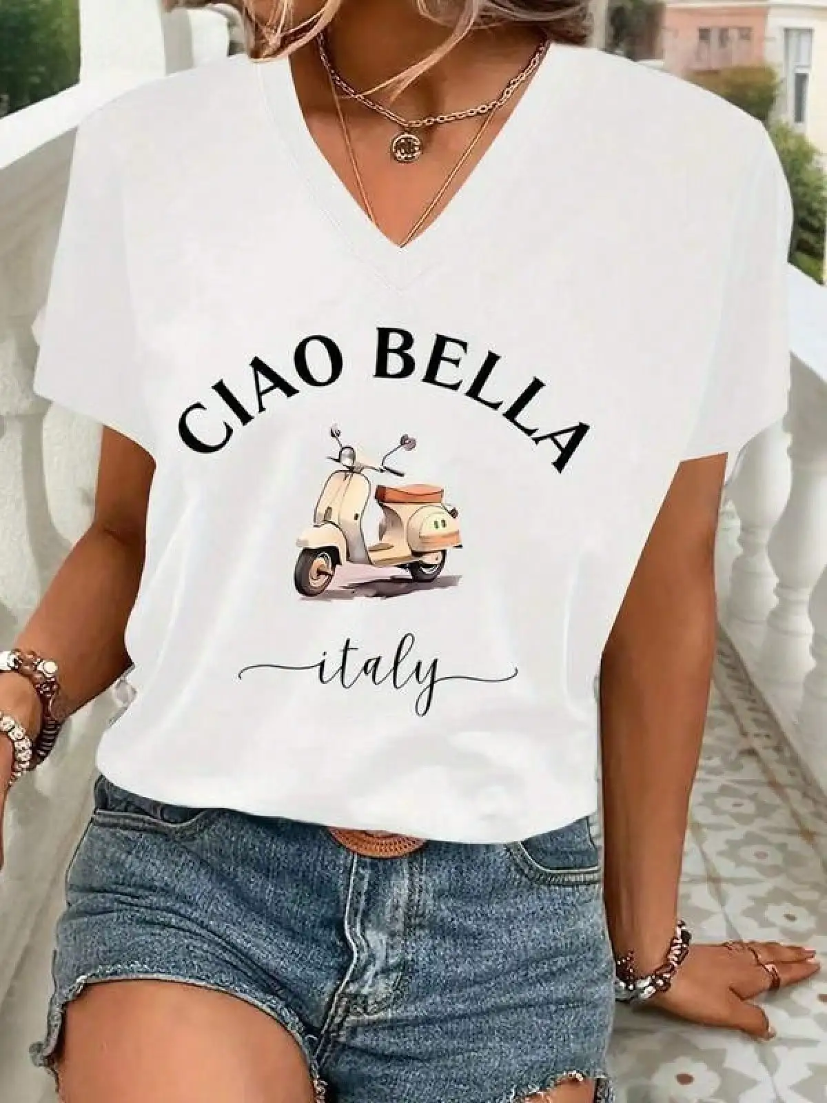 T Shirt Print ,Graphic-Cotton Tees Size Plus,Womens Graphic Tees, Ciao Bella Italy Print, 100% Cotton V Neck Printed Summer Casual T Shirts Tops, Graphics Woman T - Shirts, Casual Short Sleeve For Holiday Vacation Beach , Birthday Gift For Women