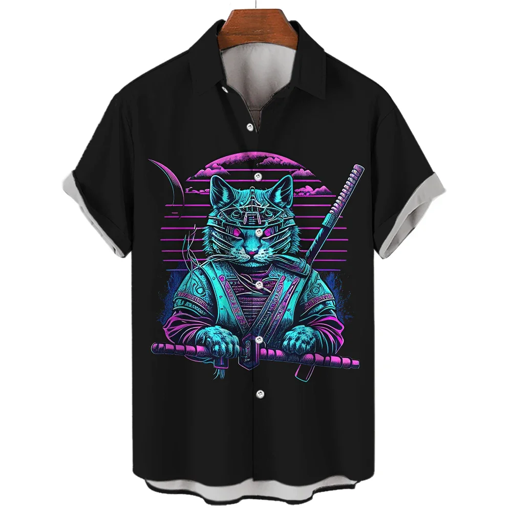 Cyberpunk Japanese Samurai Cat Retro Casual Open Lapel Button Up Top Stylish and Comfortable Hawaiian Men's Shirt