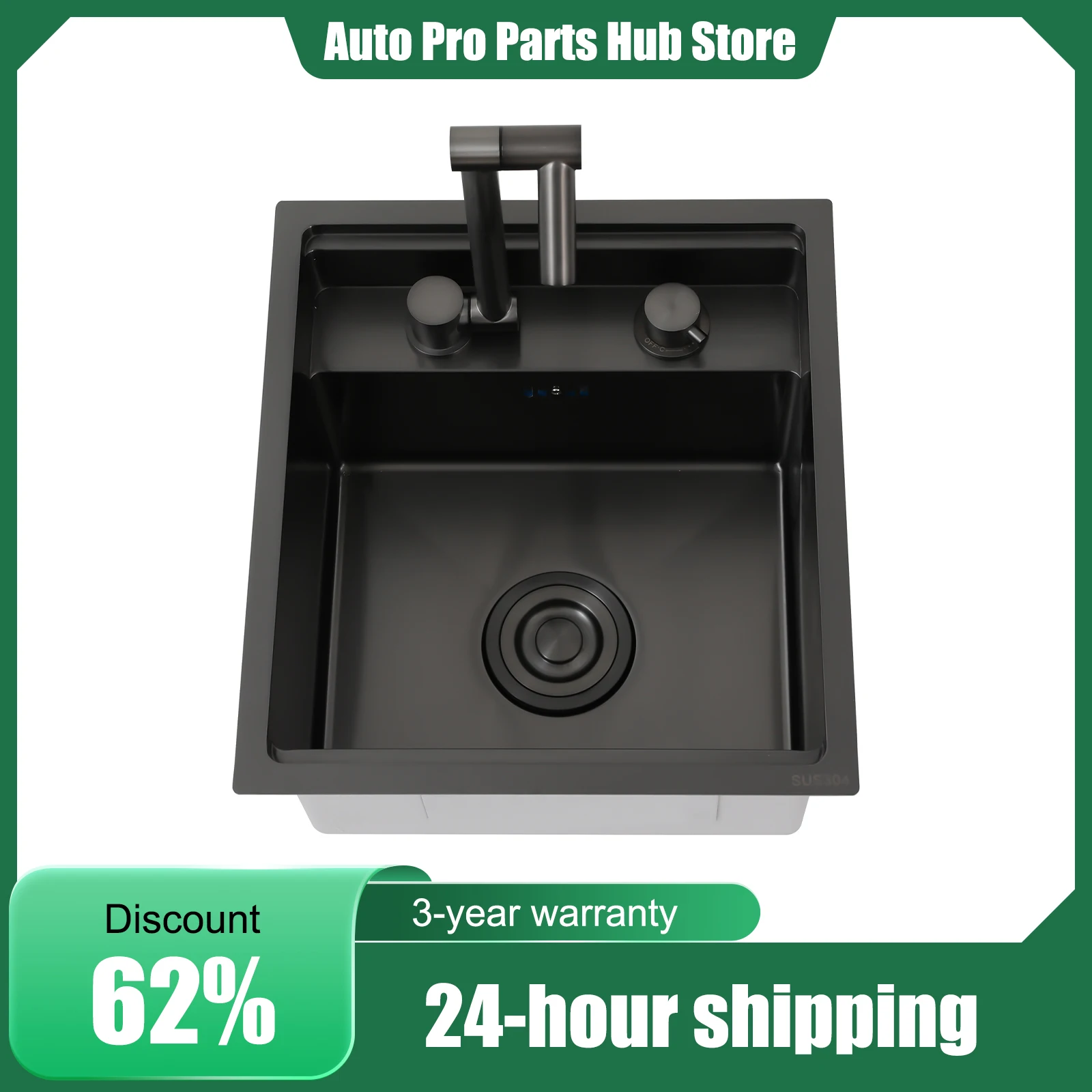 

Hidden Kitchen Sink, Single Bowl Kitchen Square Sink, Folding Faucet, With Drain & Cover Assembly, Stainless Steel