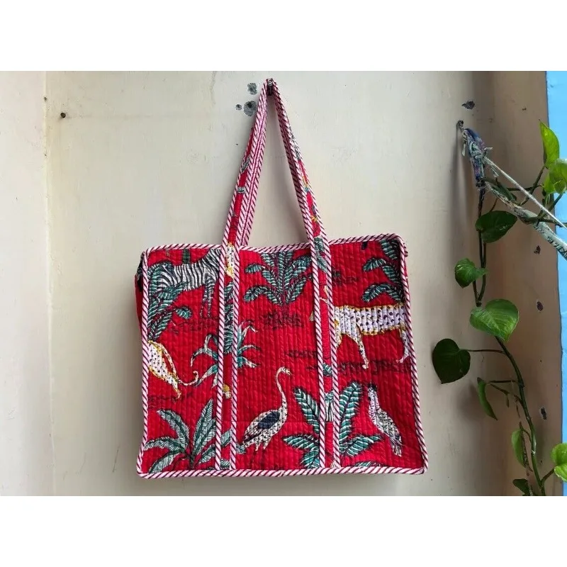 

Indian Red Tiger Printed Quilted Shoulder Bag Women's Beach Cotton Handbag