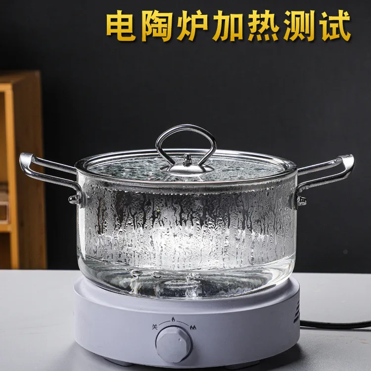 Double Ear Transparent Glass Soup Pot, Household Kitchen Stainless Steel Handle Noodle Cook