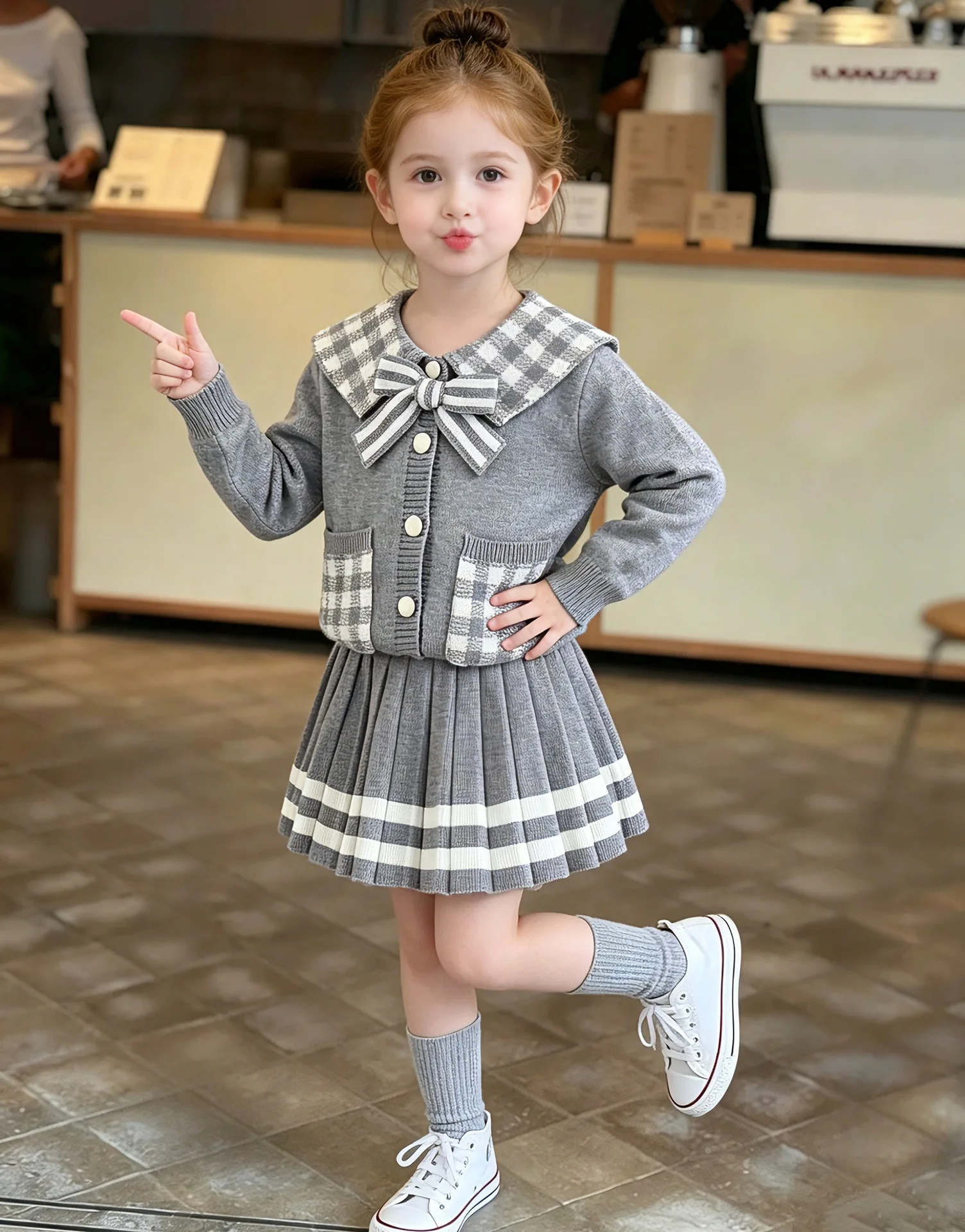 Children Sweater Set Academy Style Plaid Collar Knitted Autumn Winter New Girls Baby Fashion Korean Sweater Two Piece Set