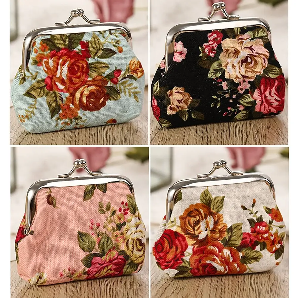 

Mini Floral Coin Purse Iron Mouth Clip Ethnic Style Change Money Organizers PU Jewelry Bag Women