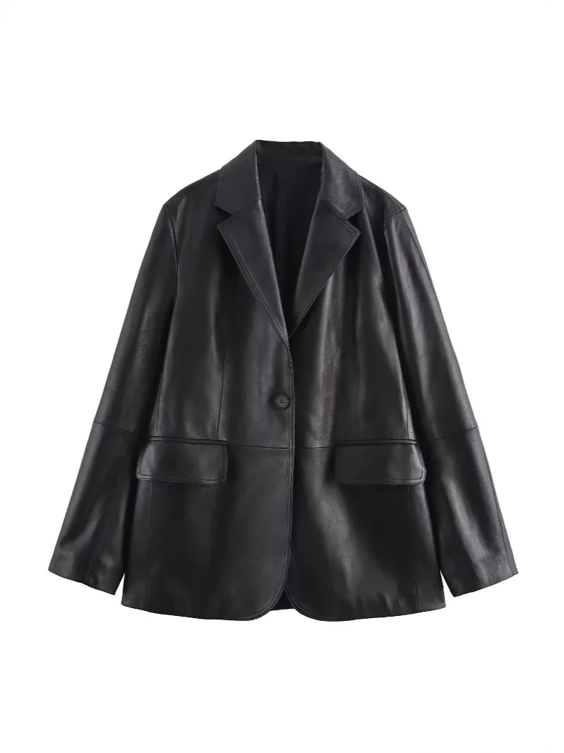 春秋の新作無地PUジャケットファッションシングルブレストポケットイミテーションレザースーツコート欧米風レディースウェア