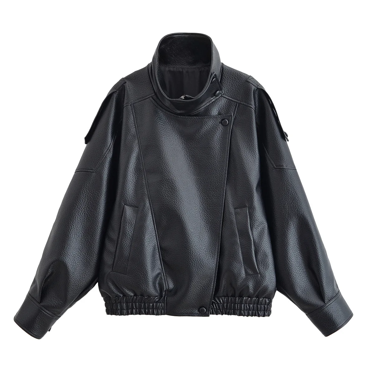 

European and American 2025 autumn and winter new style pebbled pattern stand collar buttoned motorcycle leather versatile jacket