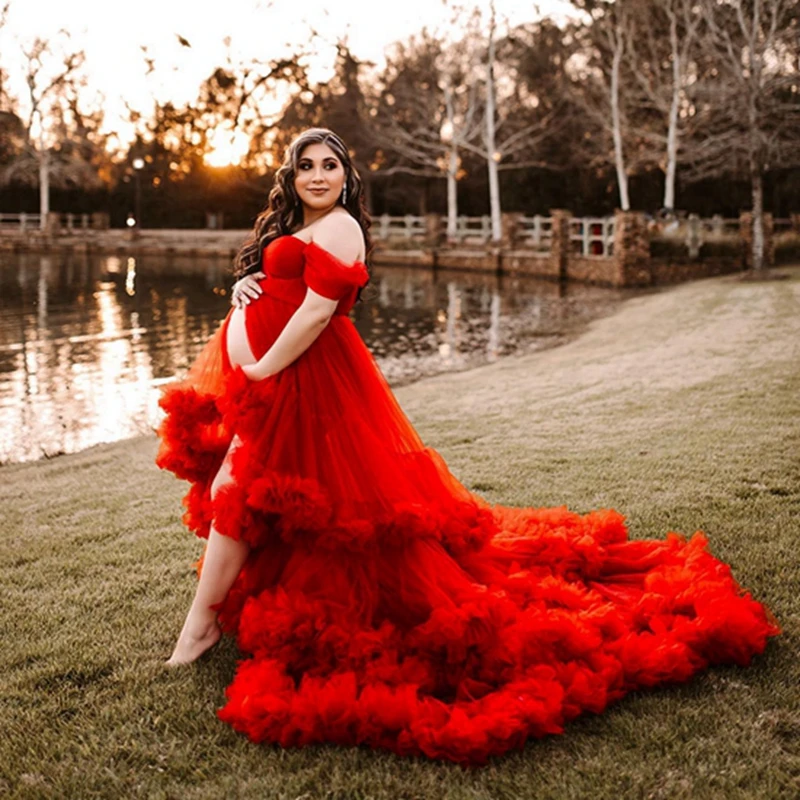 Bright Red Maternity Dresses Photoshoot Baby Shower Long Lush Maternity Gowns Sexy Front Open Layered Tulle Pregnant Dress