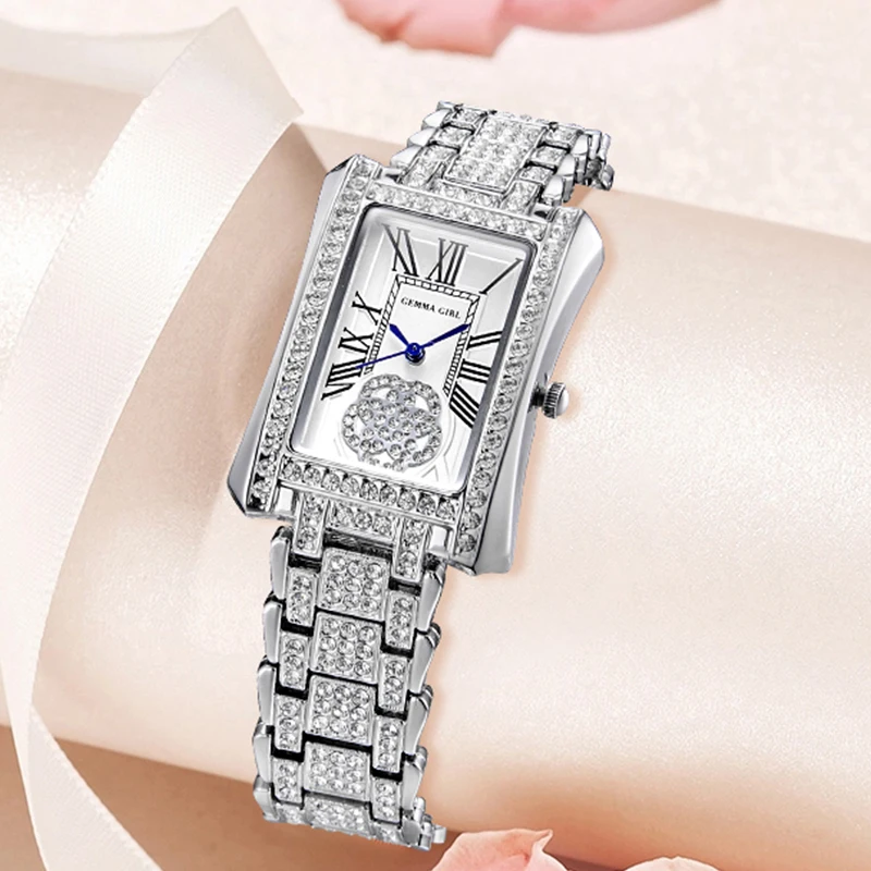 

Women's Quartz Watch Classic GEMMA GIRL Zircon Roman Dial Rectangle Wristwatch Ladies Simple Clock Girlfriend Gift Reloj Mujer