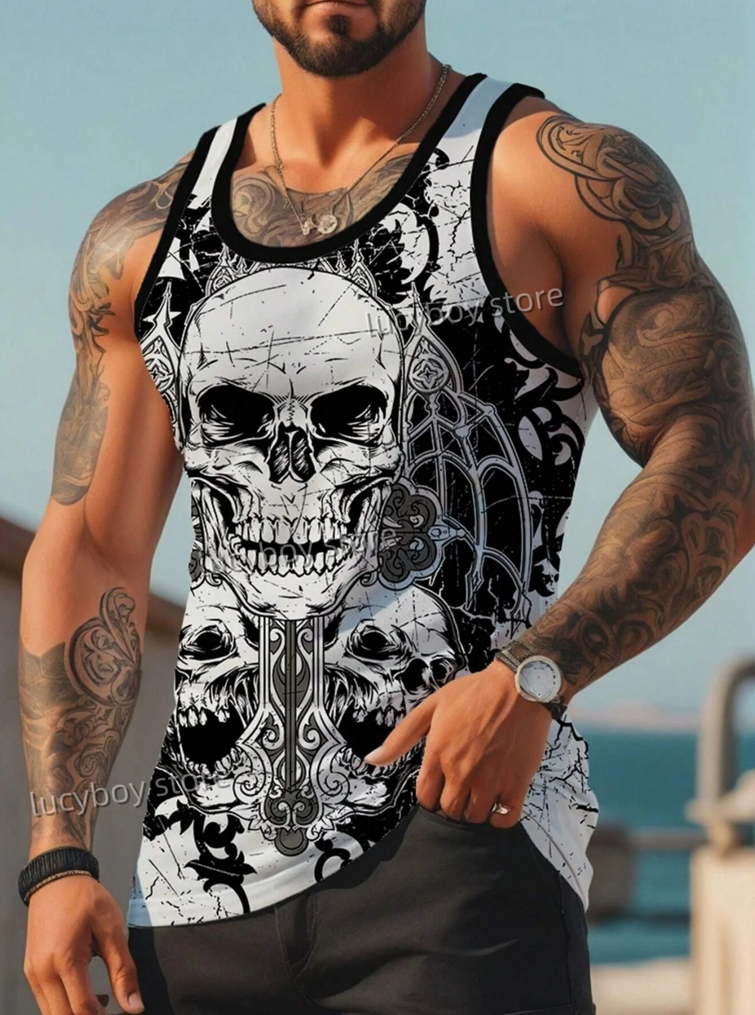 

Skull pattern Print Round Neck Casual sport GYM Tank Top mens Basketball Jersey vest Boyfriend Style sport basketball vest