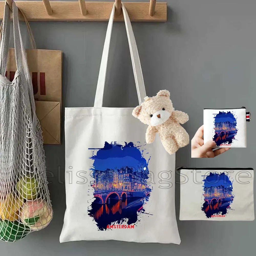 4PCS Gift Set Amsterdam Netherlands White Canvas Tote Bag Handbag with Doll Key Coin Purse Cosmetic Makeup Toilet Bag Case Pouch