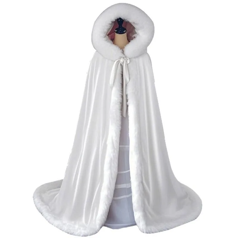 

White Thicken Fleece Hooded Cloak Retro Hanfu Shawl High - End Long Hair Cape
