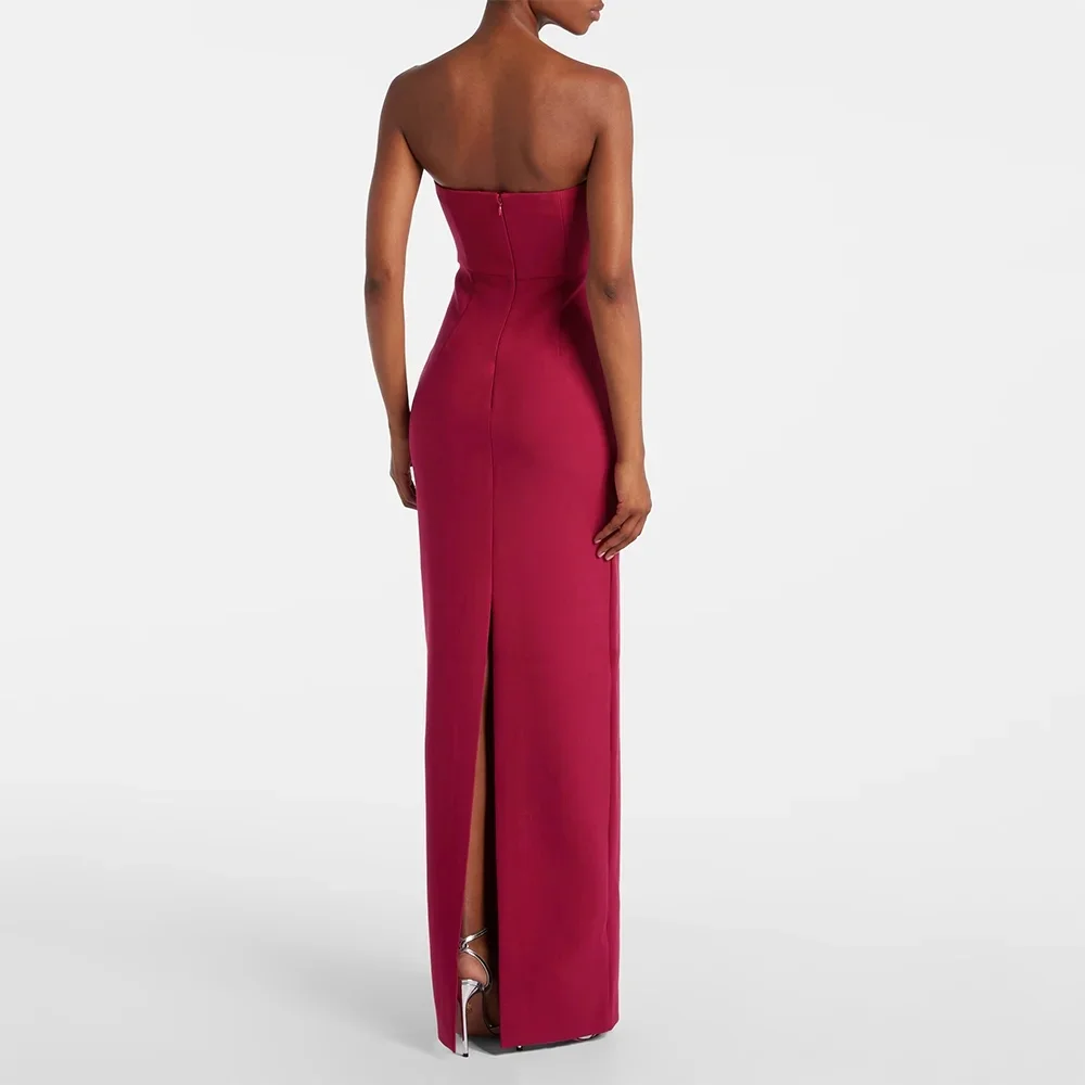 Solid color oblique neck waist-cinched floor-length gown. Slant neck flatters neck lines, high waist balances figure, back split