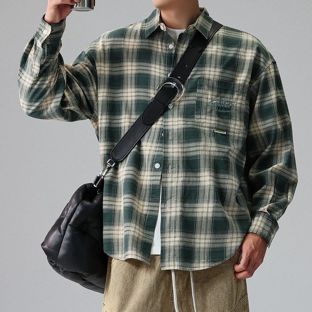 Mens Japanese Preppy Vintage Checkered Shirt Premium Button Down Collar Oversized Long Sleeve Spring Fall Casual Trendy Top