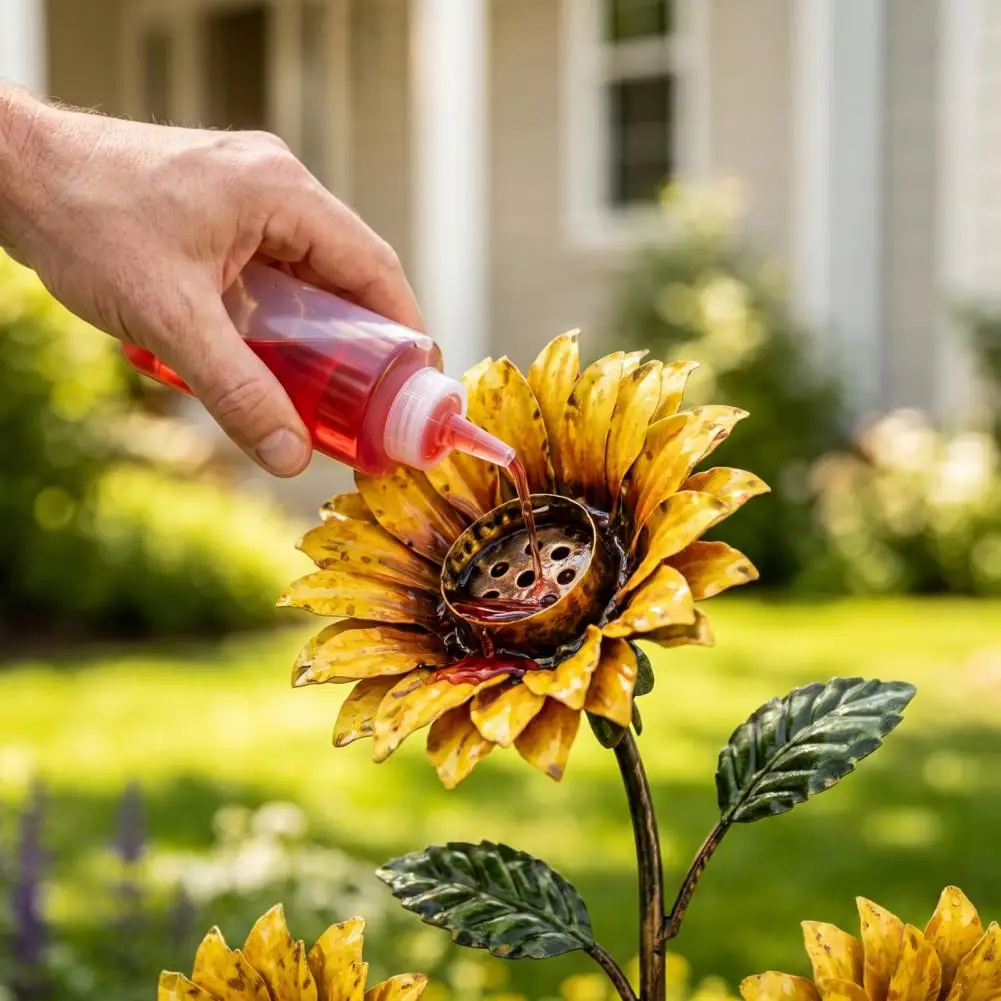 Easy Clean Hummingbird Station Vintage Sunflower Hummingbird Feeder with Metal Garden Stake Decorative Floral Bird Water Station