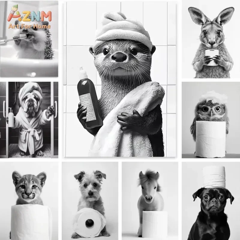 

Black and White Animal Toilet Paper Canvas Bathroom Poster Otter Gift Room Wall Home Black and White Modern Print