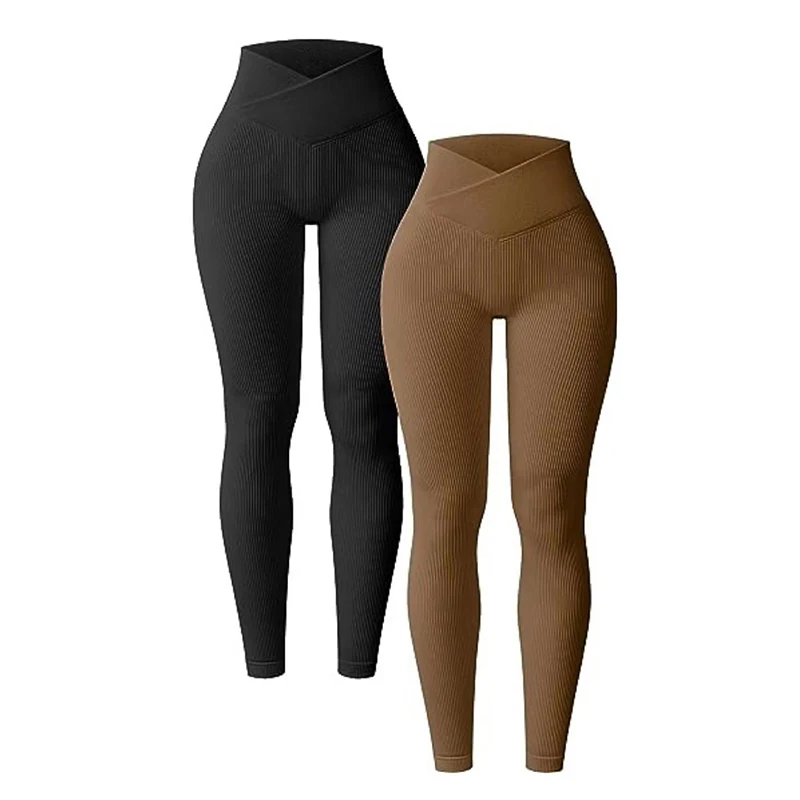 

Women's 2 Piece Yoga Leggings Ribbed Seamless Workout High Waist Cross Over Athletic Exercise Leggings