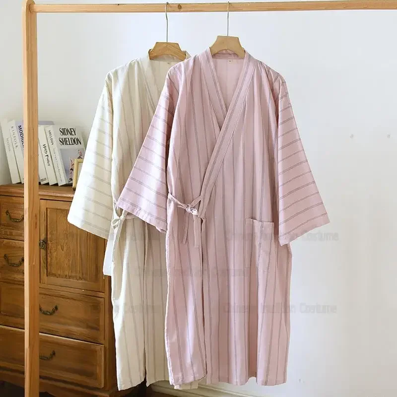

Couple Cotton Shower Bathrobe Gown Men Striped Sleepwear Women Japanese Style Kimono Lingerie Sweat Steaming Robe Loungewear