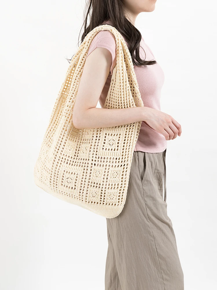 MABULA Solid Color Bohemian Cotton Knitting Shoulder Bag Hollow Out Crochet Woven Beach Handbag Japanese Simple Trend Tote Purse