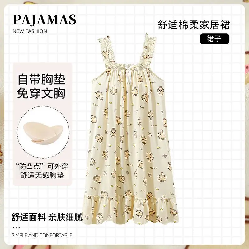 Y2K Chiikawa Hachiware Usagi Pajamas Ladies Summer Thin Suspender Nightdress Loose Mid-Length Sweet Lovely Long Home Dress Sexy