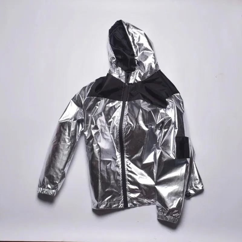 Men Silver Shiny Jacket Hooded Nightclub Street Wear Clothes Loose Plus Size Dance Outfits Night Club Rave Costume Coat