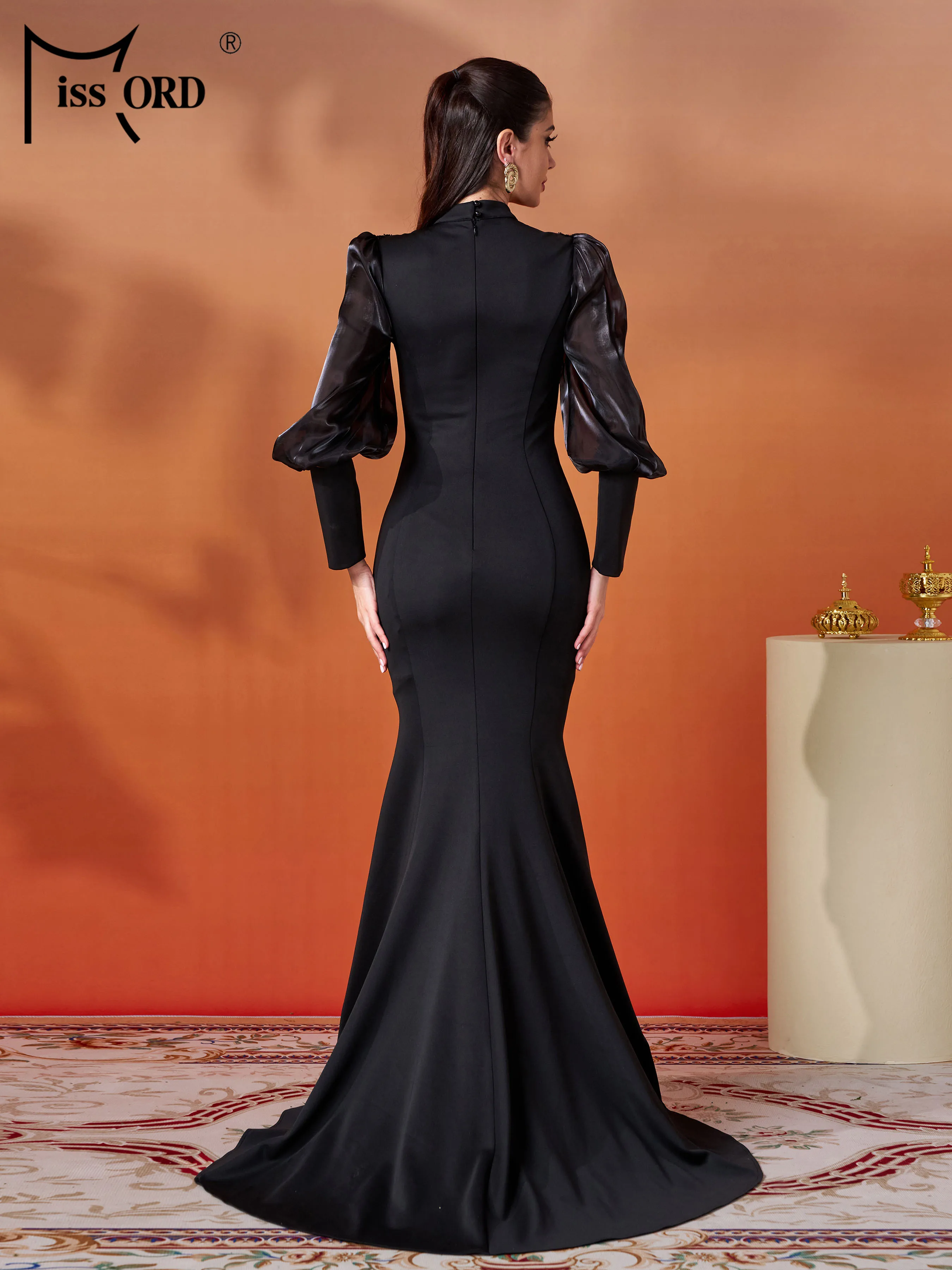 Missord New Round Neck Lantern Sleeves Black Mermaid Evening Wedding Birthday Party Formal Occasion Floor Length Prom Dresses
