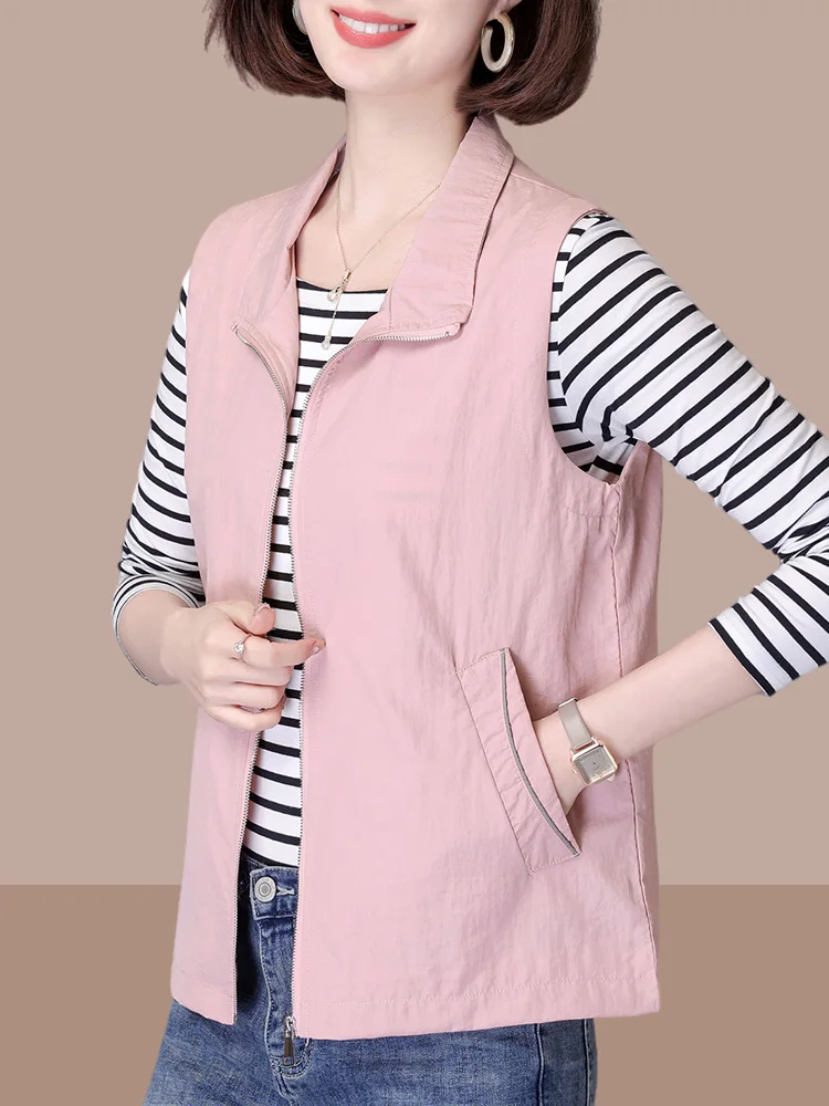

Ladies Thin Summer New Casual Vest Top Size Medium Mom Jaet Outerwear Polyester Fiber Zipper Stand Collar Commute Sle