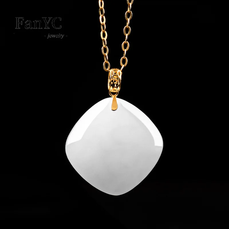 Natural Hetian Jade Square Sugar Pendant 18K Gold Set Exquisite Luxury Ice Jade Necklace Men and Women Holiday Gift