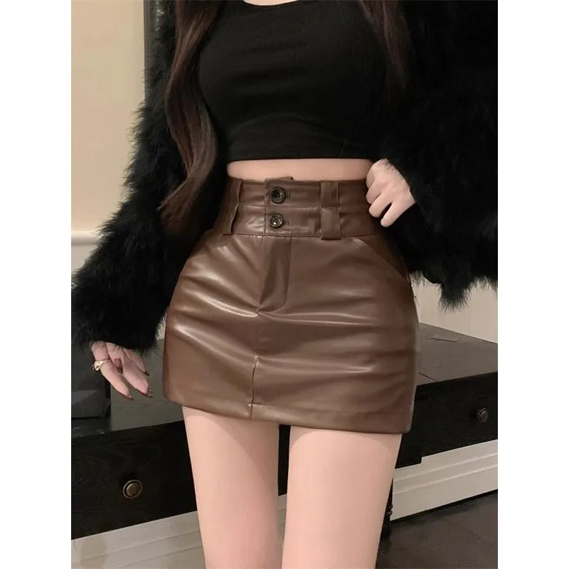 

Sexy PU Leather Skirt for Women 2025 Autumn and Winter New High Waist Spice Girl Y2k Bodycon Hip Skirt