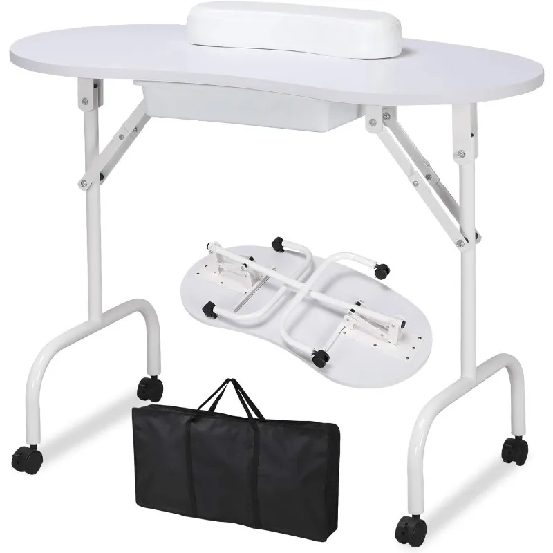 37-inch Portable & Foldable Manicure Table Nail Desk Workstation with Large Drawer/Client Wrist Pad/Controllable Wheels/Carrying