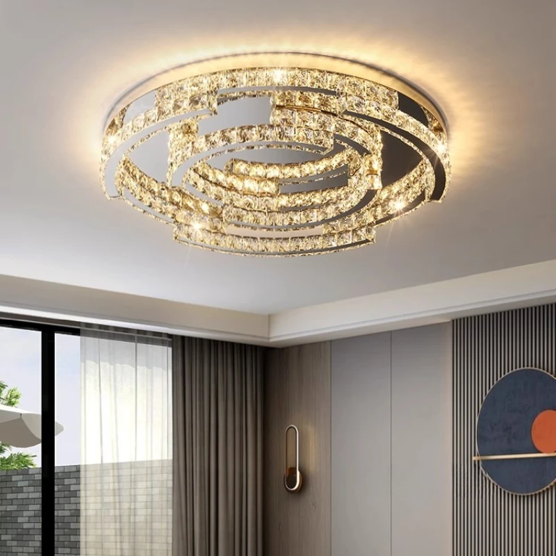 Modern Remote LED Crystal Ceiling Lamp for Living Room Bedroom Study Round Chrome Chandelier Celing Light