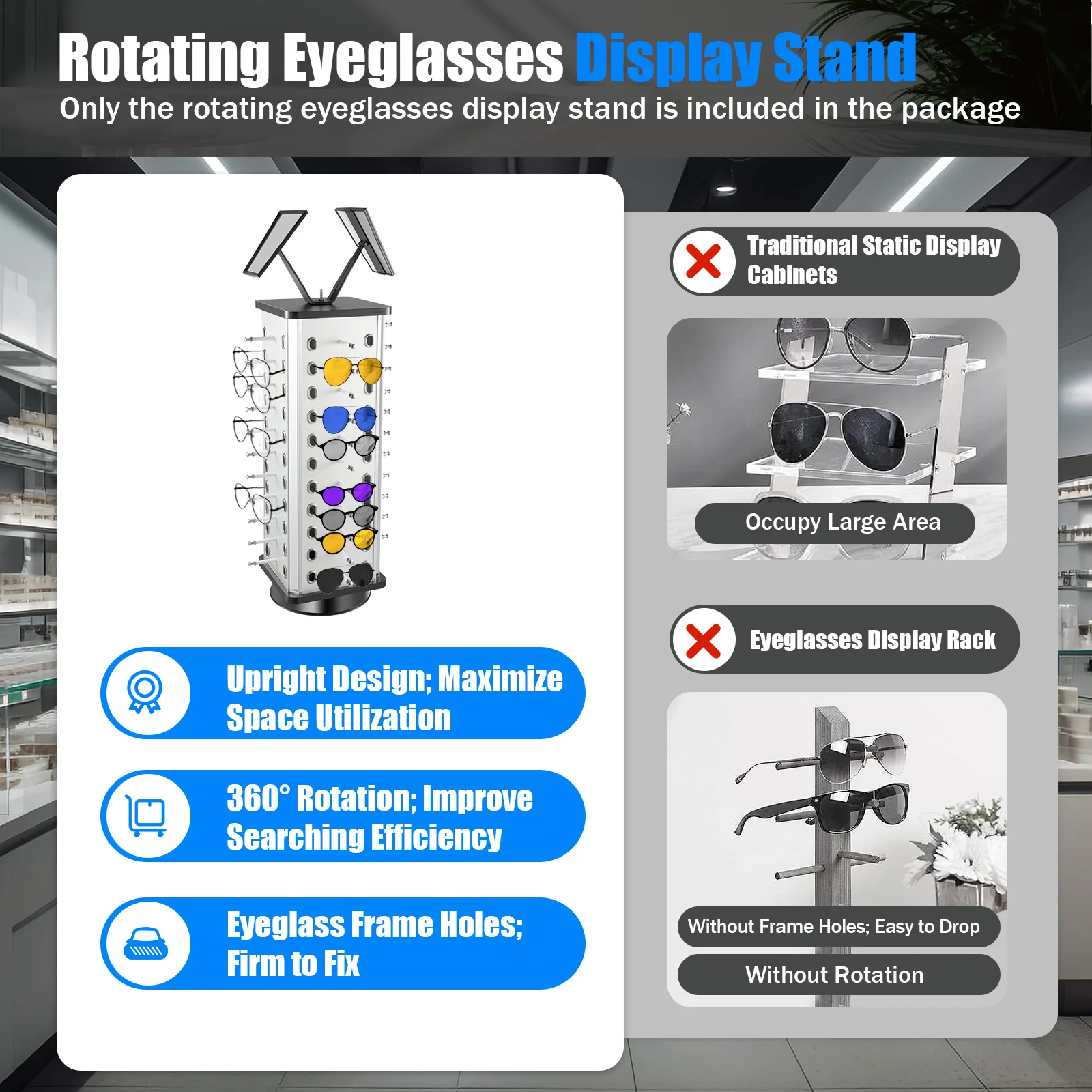 

Sunglass Stand Rotating Retail Rotating Optical Frame Display Case Showcase
