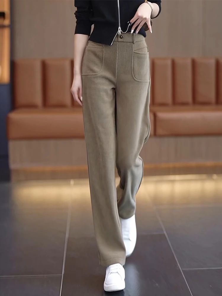 

Slim Fit Wide Leg Pants Women's High Waist Corduroy Straight Leg Pants Fleece Lined Autumn Winter New Style Korean Style