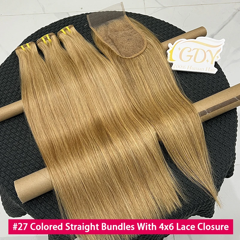 

# 27 Прямые пучки медового блонда с прозрачной кружевной застежкой 4x6, 100% необработанные необработанные человеческие волосы с застежкой