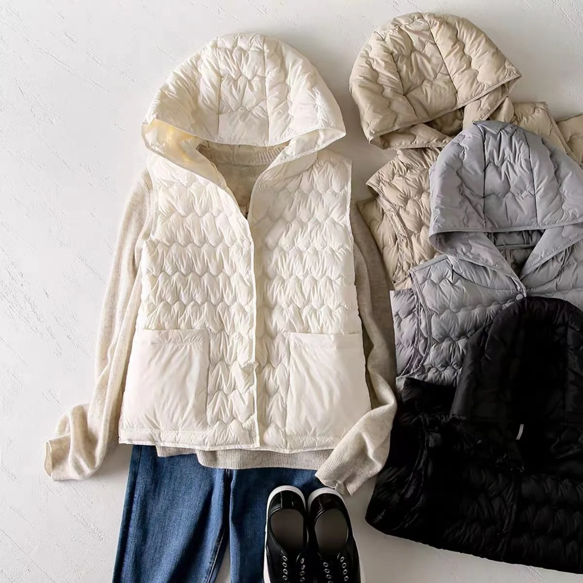 

Женский легкий пуховый хлопковый жилет Jaet с капюшоном, повседневный тонкий осенне-зимний внутренний теплый многослойный жилет с капюшоном, пальто