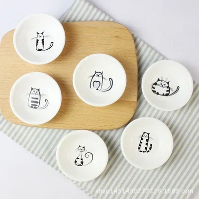 7.3cm Diameter Japanese Small Plate Cartoon Pet Ceramic Plate 6 Color Styles Cat Small Plate for Puppy Cat Dog Pet Supplies