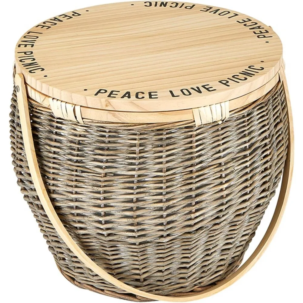 

Picnic Baskets Fully Insulated Large Wicker Basket with Wood Tabletop Lid and Handle, 15" Dia x 13.5" H x 11.5" W