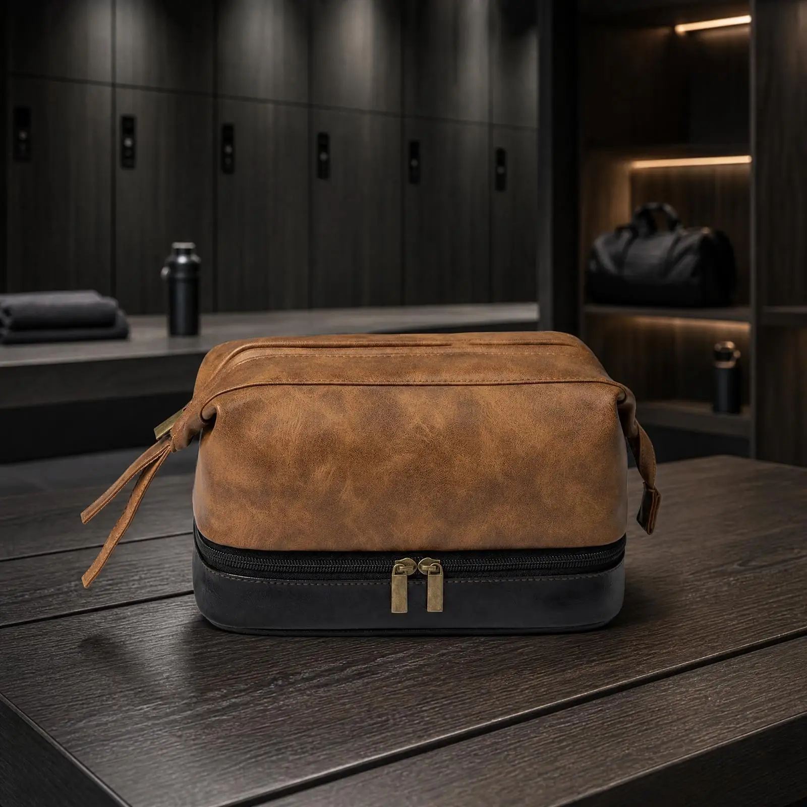 PU Leather Toiletry Bag Zippered PU Leather Toiletry Bag with Multiple Compartments Dopp Kit with Wrist Strap Structured