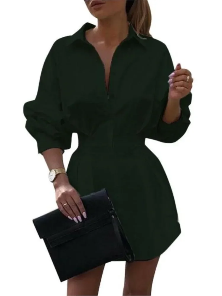 Bonito vestido camisero de estilo nuevo de primavera para mujer, camisa decorativa con botones en la cintura de Color sólido, vestido informal elegante para ir al trabajo en la oficina