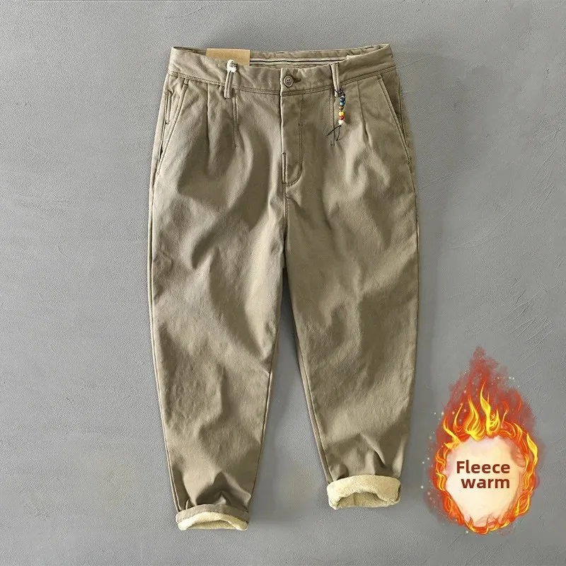 Autumn/Winter New Men's Cotton Solid Color Fleece-Lined Warm Casual Cargo Pants One-Piece Free Shipping