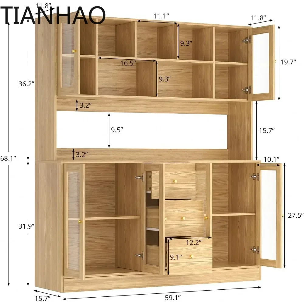 Kitchen Hutch Cabinet, Pantry Storage Cabinet with 6 Glass Doors, 3 Drawers & Microwave Shelf, Freestanding Cupboard
