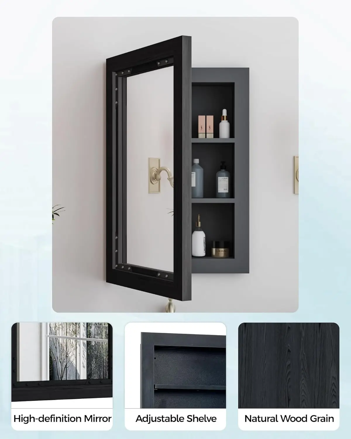 Medicine Cabinet Mirror 16 x 24 Inch Farmhouse Bathroom Mirror Door Paulownia Wood Storage Cabinet with Adjustable Shelves