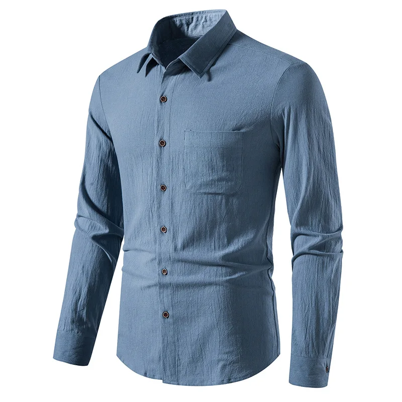 

New European and American men's solid color long-sleeved shirt Men's cotton and linen cardigan Fashion button lapel shirt